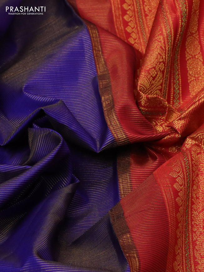 Pure kanchipuram silk saree blue and red with allover zari weaves and long rettapet zari woven border