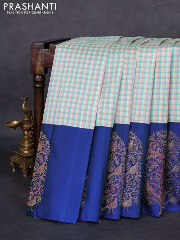 Pure kanchipuram silk saree multi colour and blue with allover small checked pattern and long zari woven butta border