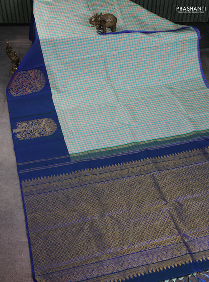 Pure kanchipuram silk saree multi colour and blue with allover small checked pattern and long zari woven butta border