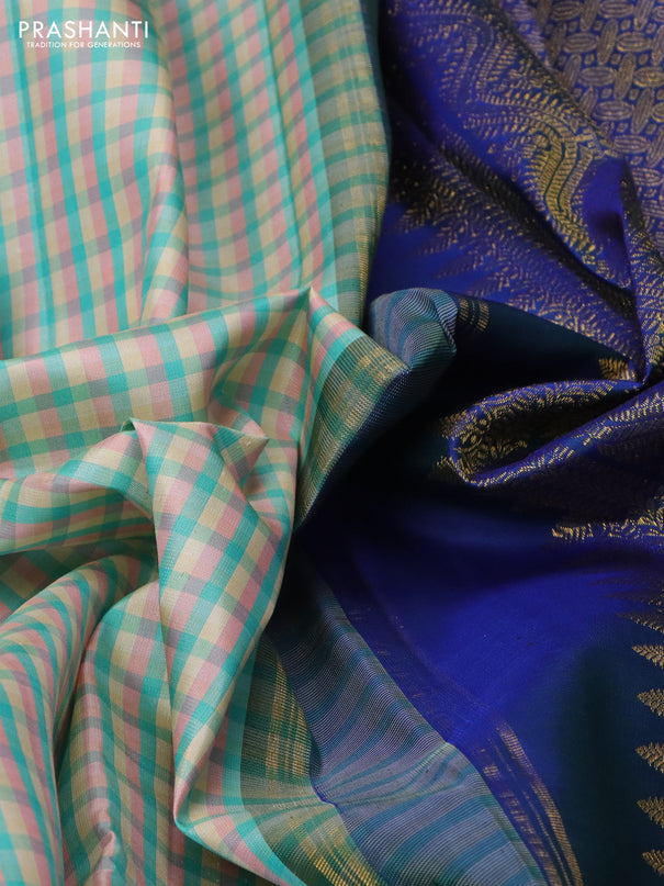 Pure kanchipuram silk saree multi colour and blue with allover small checked pattern and long zari woven butta border