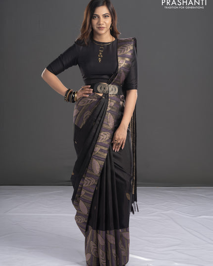 Pure kanchipuram silk saree black with leaf thread & zari woven buttas and long leaf design woven border