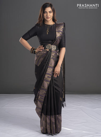 Pure kanchipuram silk saree black with leaf thread & zari woven buttas and long leaf design woven border