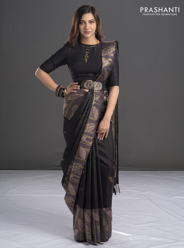 Pure kanchipuram silk saree black with leaf thread & zari woven buttas and long leaf design woven border