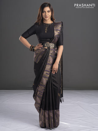 Pure kanchipuram silk saree black with leaf thread & zari woven buttas and long leaf design woven border