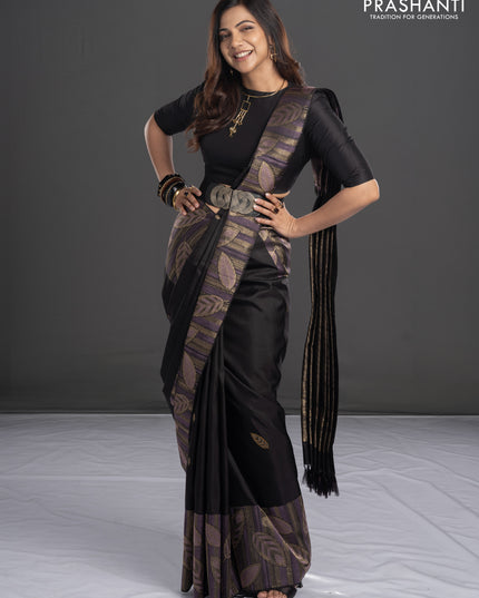 Pure kanchipuram silk saree black with leaf thread & zari woven buttas and long leaf design woven border