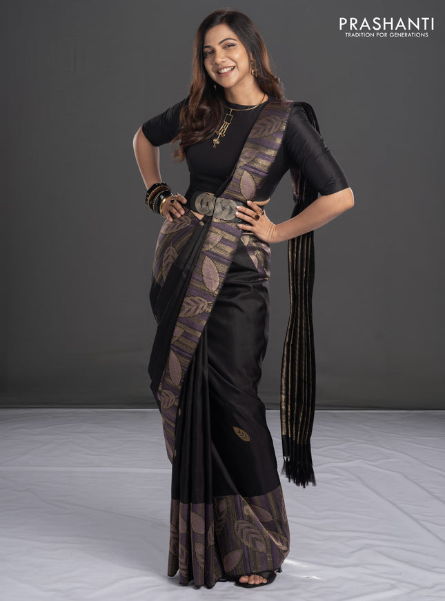 Pure kanchipuram silk saree black with leaf thread & zari woven buttas and long leaf design woven border
