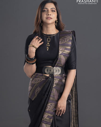 Pure kanchipuram silk saree black with leaf thread & zari woven buttas and long leaf design woven border