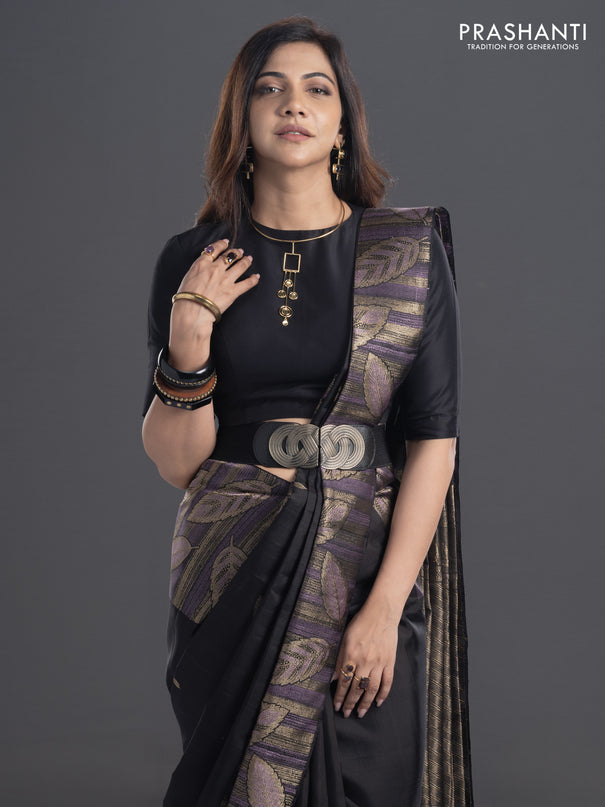 Pure kanchipuram silk saree black with leaf thread & zari woven buttas and long leaf design woven border