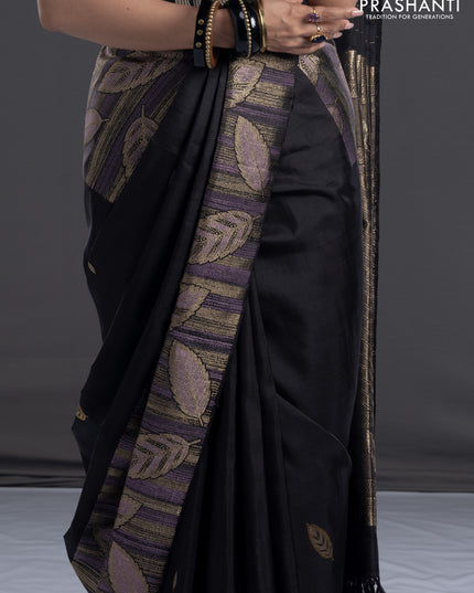 Pure kanchipuram silk saree black with leaf thread & zari woven buttas and long leaf design woven border