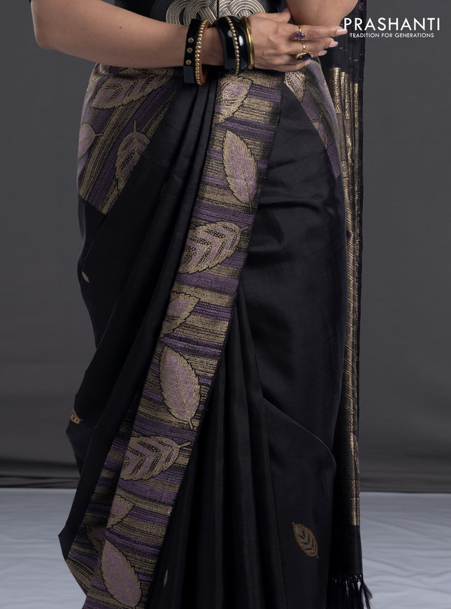 Pure kanchipuram silk saree black with leaf thread & zari woven buttas and long leaf design woven border