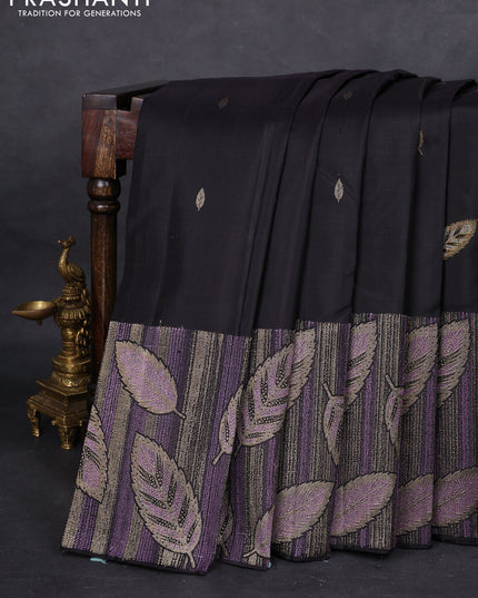 Pure kanchipuram silk saree black with leaf thread & zari woven buttas and long leaf design woven border