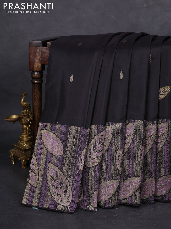 Pure kanchipuram silk saree black with leaf thread & zari woven buttas and long leaf design woven buttas