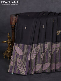 Pure kanchipuram silk saree black with leaf thread & zari woven buttas and long leaf design woven buttas