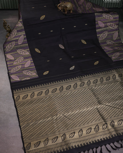 Pure kanchipuram silk saree black with leaf thread & zari woven buttas and long leaf design woven border