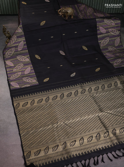 Pure kanchipuram silk saree black with leaf thread & zari woven buttas and long leaf design woven buttas