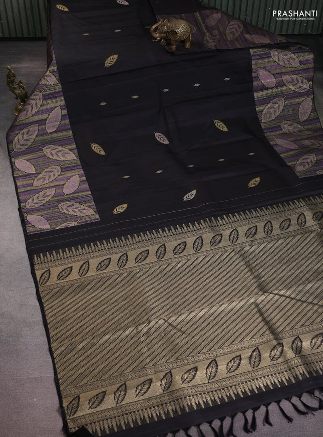 Pure kanchipuram silk saree black with leaf thread & zari woven buttas and long leaf design woven border