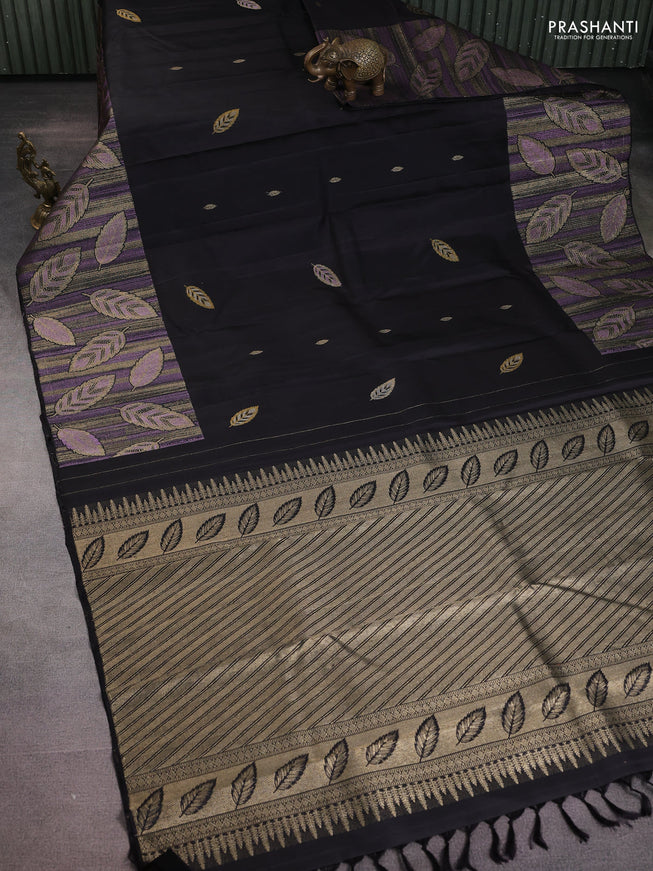 Pure kanchipuram silk saree black with leaf thread & zari woven buttas and long leaf design woven buttas