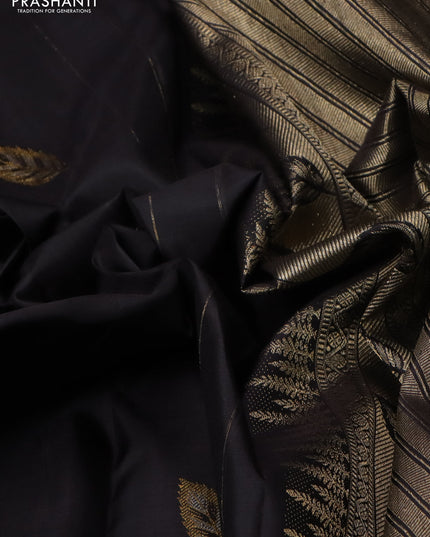 Pure kanchipuram silk saree black with leaf thread & zari woven buttas and long leaf design woven border
