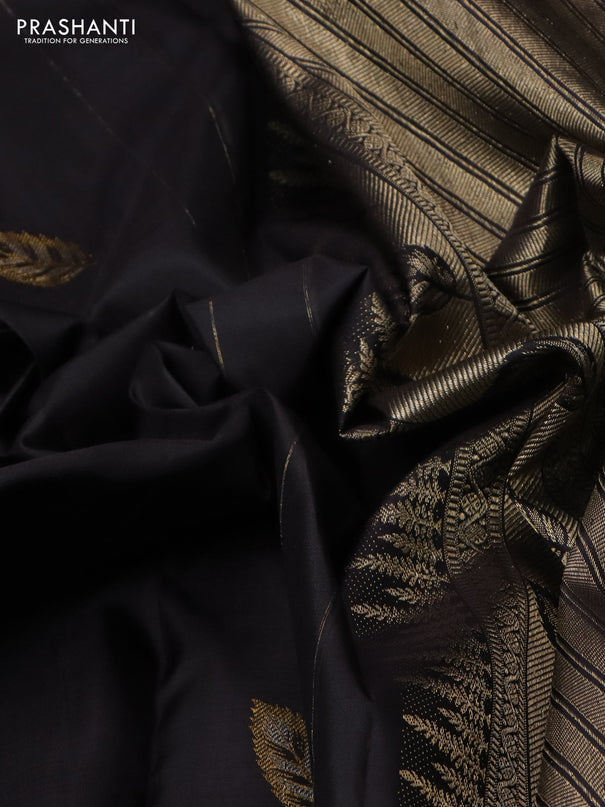 Pure kanchipuram silk saree black with leaf thread & zari woven buttas and long leaf design woven buttas