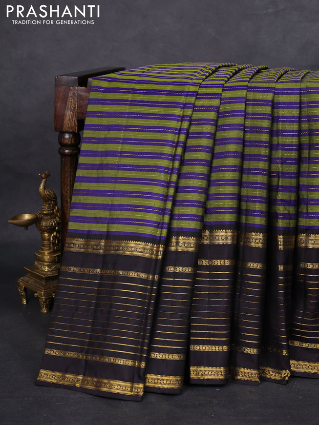 Pure kanchipuram silk saree green blue and coffee brown with allover zari weaves and long zari wovenborder