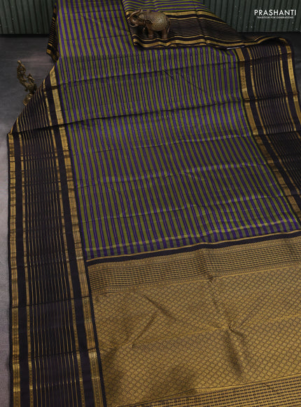 Pure kanchipuram silk saree green blue and coffee brown with allover zari weaves and long zari wovenborder