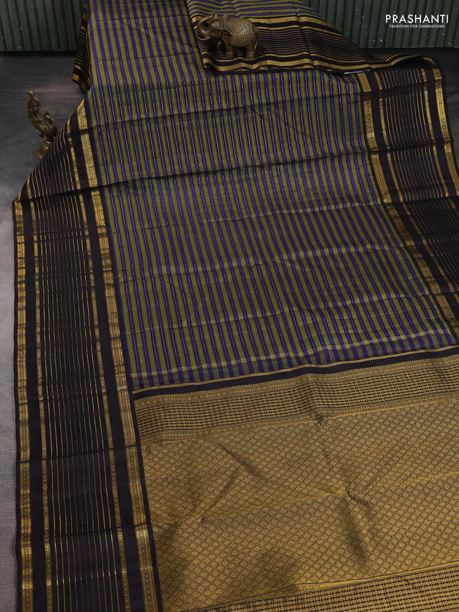 Pure kanchipuram silk saree green blue and coffee brown with allover zari weaves and long zari wovenborder