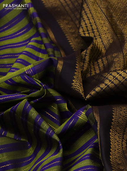 Pure kanchipuram silk saree green blue and coffee brown with allover zari weaves and long zari wovenborder