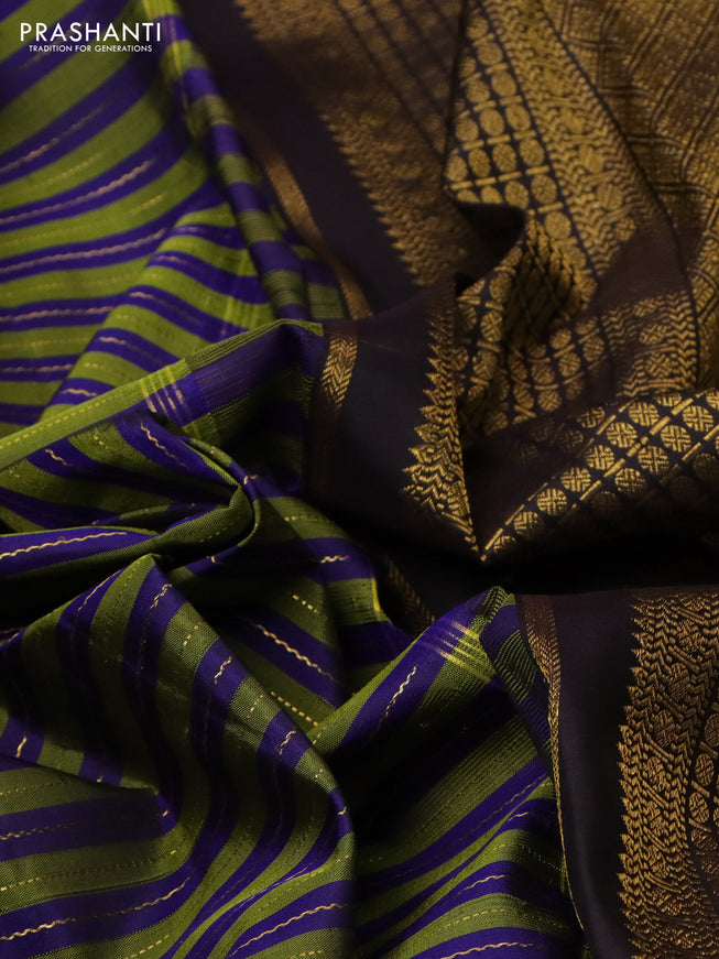 Pure kanchipuram silk saree green blue and coffee brown with allover zari weaves and long zari wovenborder