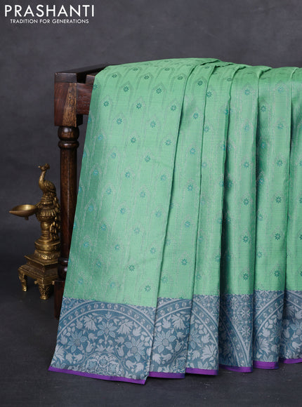 Pure kanchipuram silk saree teal shade and purple with allover silver zari weaves and rich zari woven border
