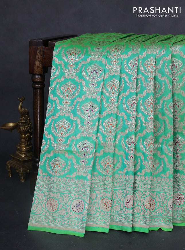 Banarasi uppada silk saree dual shade of teal bluish green with allover zari woven brocade weaves and zari woven border