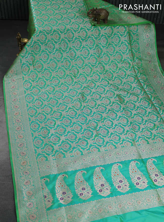Banarasi uppada silk saree dual shade of teal bluish green with allover zari woven brocade weaves and zari woven border