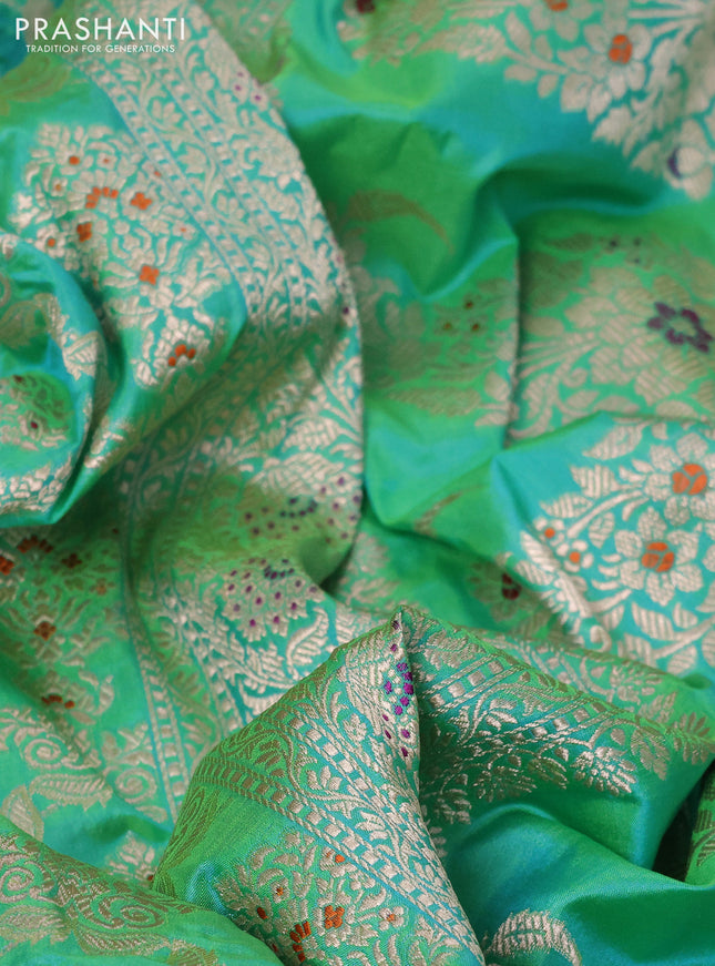 Banarasi uppada silk saree dual shade of teal bluish green with allover zari woven brocade weaves and zari woven border