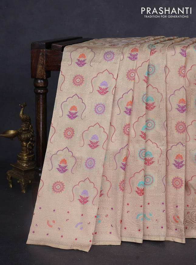 Banarasi uppada silk saree cream with allover zari woven brocade weaves and zari woven border