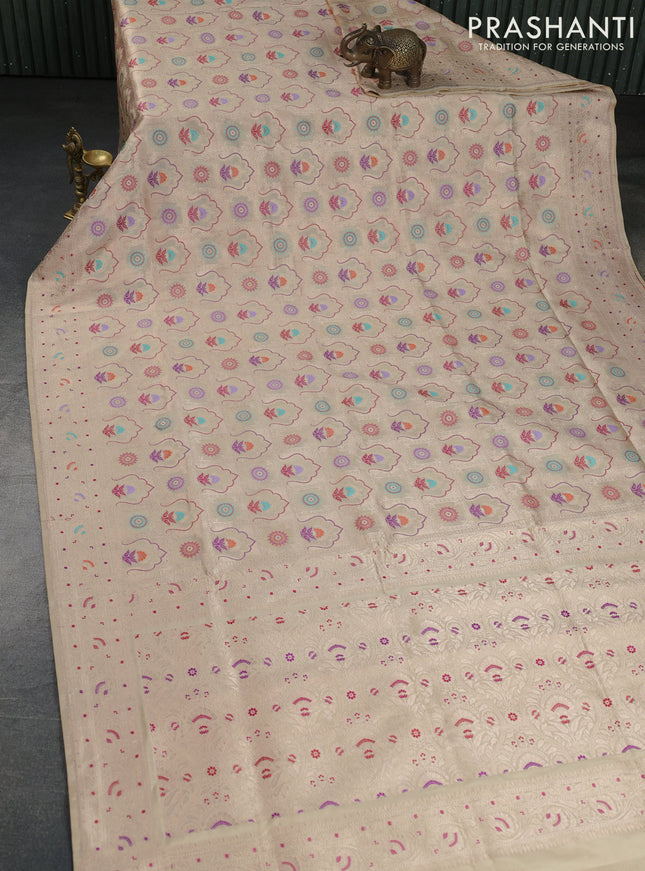 Banarasi uppada silk saree cream with allover zari woven brocade weaves and zari woven border