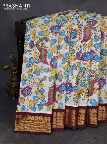 Silk cotton saree cream and maroon with allover kalamkari prints and zari woven korvai border