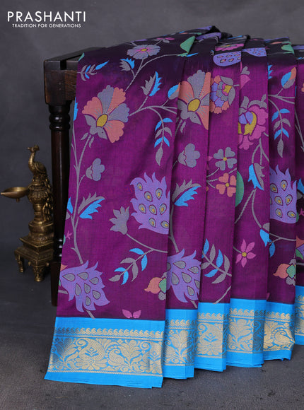 Silk cotton saree purple and cs blue with allover kalamkari prints and zari woven korvai border