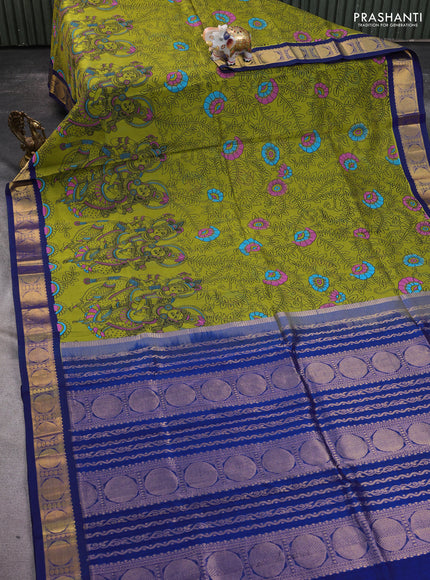 Silk cotton saree light green and blue with allover kalamkari prints and rudhraksha zari woven korvai border
