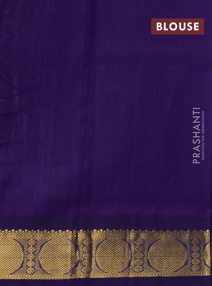 Silk cotton saree light green and blue with allover kalamkari prints and rudhraksha zari woven korvai border