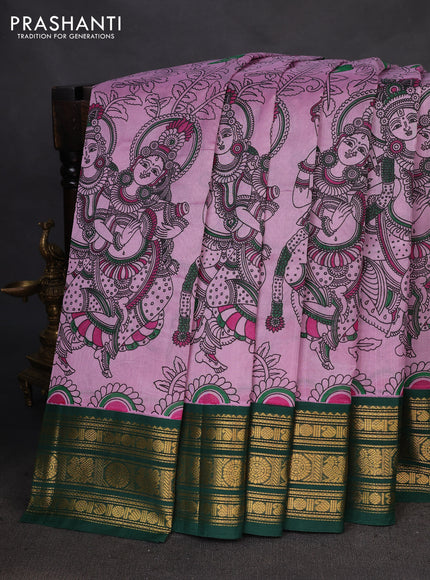 Silk cotton saree mild lavender and green with allover kalamkari prints and zari woven korvai border