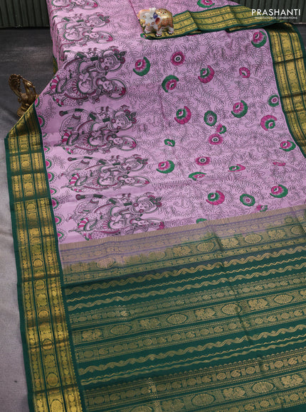 Silk cotton saree mild lavender and green with allover kalamkari prints and zari woven korvai border
