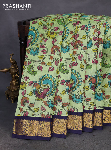 Silk cotton saree pista green and navy blue with allover kalamkari prints and zari woven korvai border
