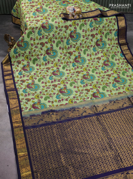 Silk cotton saree pista green and navy blue with allover kalamkari prints and zari woven korvai border