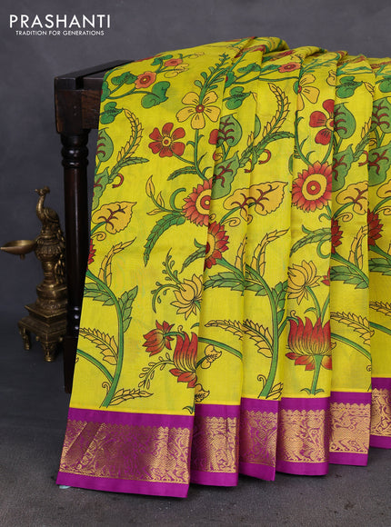 Silk cotton saree lime yellow and purple with allover kalamkari prints and zari woven korvai border