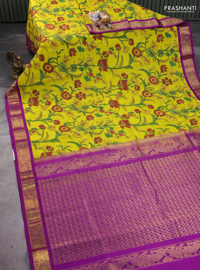 Silk cotton saree lime yellow and purple with allover kalamkari prints and zari woven korvai border