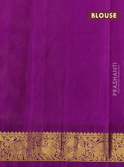 Silk cotton saree lime yellow and purple with allover kalamkari prints and zari woven korvai border