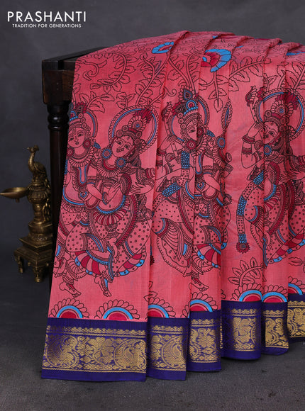 Silk cotton saree peach pink and blue with allover kalamkari prints and zari woven korvai border