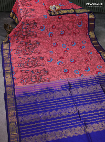 Silk cotton saree peach pink and blue with allover kalamkari prints and zari woven korvai border