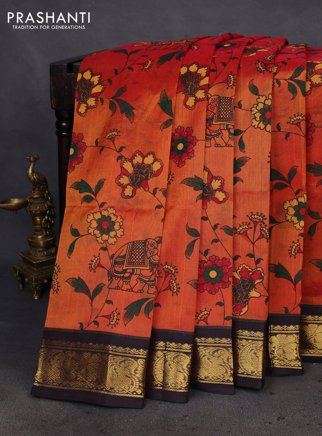 Silk cotton saree sunset orange and coffee brown with allover kalamkari prints and zari woven korvai border