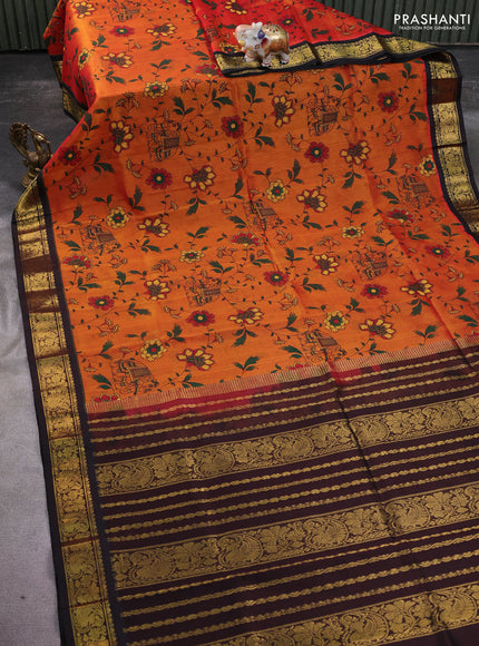 Silk cotton saree sunset orange and coffee brown with allover kalamkari prints and zari woven korvai border