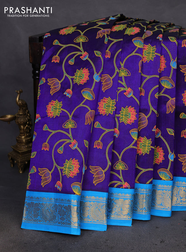 Silk cotton saree blue and cs blue with allover pichwai prints and zari woven korvai border